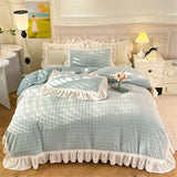 elvesmall Carved Milk Velvet Bedding Set Girl Luxury Princess Ruffle Bow Bed Linen Thicken Warm Quilt Cover Sheet Pillowcase Bedroom Decor