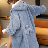 elvesmall  Shark Robe for Women Sleepwear Nightdress Winter Night Wears Warm Fleece Pajama One Piece Nightgown Button Long Sleeve Homewear