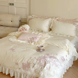 elvesmall  Luxury Princess Wedding Bedding Set 1000TC Egyptian Cotton Flowers Embroidery Lace Ruffles Duvet Cover Set Bed Sheet Pillowcases
