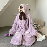 elvesmall  Shark Robe for Women Sleepwear Nightdress Winter Night Wears Warm Fleece Pajama One Piece Nightgown Button Long Sleeve Homewear