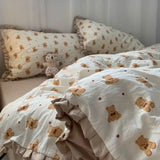 elvesmall French Style Bedding Set Pastoral Colored Grape Double-layer Gauze  Light Purple Washing Cotton Duvet Cover Bed Sheet Comforter