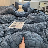 elvesmall Bedding Set, Checkered Bubble Wash Cotton Quilt Set, Four Pieces, Ins Korean High Quality Bedding Sheet Set, Dormitory 3 Pcs