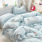 elvesmall Bed Linen Bedding Set 2024 Korean Princess Style Lace  Towel Embryos  Washing Cotton Four PIECE Set Duvet Cover With Pillowcase
