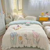elvesmall  Cute Cartoon Bear Soft Comfortable Velvet Fleece Towel Embroidery Bedding Set Duvet Cover Linen Fitted Sheet Pillowcases