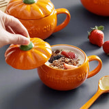 elvesmall 300/450ML Halloween Pumpkin Shaped Ceramic Cup With Spoon Kawaii Soup Mug With Lid  Oatmeal Cup Creative Water Cup