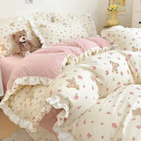 elvesmall Fresh Floral Duvet Cover Set No Filler Lace Ruffles Bedding Washed Cotton Bed Linens Flat Sheet Pillowcase for Girls 200x230cm