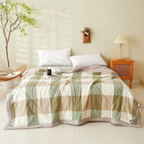 elvesmall Japanese-style Plaid Spring Summer Quilt 100% Cotton Filling Skin Friendly Quilted Queen Quilts Breathable Double Blanket Summer