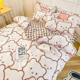 elvesmall  Cute Bear Bedding Set Girls Boys Kids Single Double Size Flat Sheet Duvet Cover Pillowcase Bed Linens White Blue Home Textile