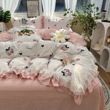 elvesmall Romantic French Flowers Lace Ruffles Bedding Set Washed Cotton Duvet Cover Bed Flat Sheet Pillowcases Girls Couple Bed Linens