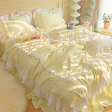 elvesmall  INS Korean Princess Bedding Kawaii Ruffle Lace Bed Skirt Duvet Cover Solid Color Queen Size For Girls Woman Home Textiles