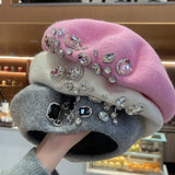 elvesmall French Beret Thick Rhinestone Decor Brimless Thermal Decor Wool Artist French Style Painter Hat Women Headwear