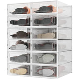 elvesmall 12-Piece Boot Shoe Storage Box, Stackable Clear Plastic  Organizer with  Door 20.5"  12.5"  5.5"
