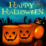 elvesmall  Halloween Ghost Face Candle Night Light Yellow Flash Night Lamp Cylindrical Flameless Lights Party Bedroom Table Home Decoration