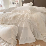 elvesmall Wide Chiffon Lace Sweet Princess Style Duvet Cover+2Pillowcases Double Queen Bedding Set 3Pcs Breathable Soft for Girls Bedroom