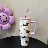 elvesmall 1200ml Kawaii Puppy Thermos Mug Tumbler For Ice Coffee Water Tea Large Cute Stainless Steel Car Thermal Cups With Straw Handle