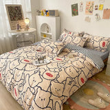 elvesmall  Cute Bear Bedding Set Girls Boys Kids Single Double Size Flat Sheet Duvet Cover Pillowcase Bed Linens White Blue Home Textile
