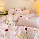 elvesmall INS Cream Solid Color Girls Bedding Set Soft Washed Cotton Quilt Cover Flat Sheet Pillowcase Girls Kids Bed Linens Decor Home
