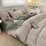 elvesmall Japan Style Bedding Set Plaid Queen Size Duvet Cover Set With Sheets Bedroom Decor Skin Friendly King Single Double Bedding Sets