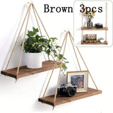 elvesmall 1PC Wooden Swing Hanging Hemp Rope Wall Shelve Mounted Floating Home Living Room Plant Flower Pot Tray Storage Garden Decoration
