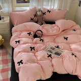 elvesmall Princess Bowknot Bedding Set Pink Duvet Cover Bed Flat Sheet Girls Solid Color Bed Linens Washed Cotton Bedclothes Single Double