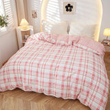 elvesmall Pink Grid Duvet Cover 100% Cotton Plaid Comforter Covers Queen 1pc Luxury Soft Reversible Bedding with Zipper Closure Home Decor