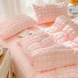 elvesmall Duvet Set Korean Princess Pink Seersucker Bedding Kawaii  Duvet Cover Solid Color Queen Size Double Sheets Sets For Girls