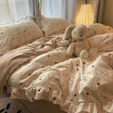 elvesmall Korean Princess Duvet Cover Set Skin Friendly Wash Cotton Bedding Set Of Four Pieces Lace Bedin Set Bed Sheets Comforter Cover