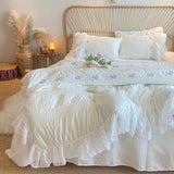 elvesmall Pink Korean Princess Style Lace Ruffles Wedding Bedding Set Seersucker Washed Cotton Soft Duvet Cover Set Bed Sheet Pillowcases