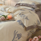elvesmall Four-Piece Pure Cotton Satin Bedding Pastoral Light Luxury Plant Flower Printing and Dyeing Letter Lace Bed Sheet Quilt Cover