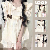 elvesmall Peter Pan Collar Sleepwear Women Pajamas Sets for Home Summer Korean Shorts Sleeve 2 Pieces Night Wears Bow Ruffle Home Suit New