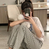 elvesmall Plaid Pajamas Pants for Women Sleep Korean Style Sleepwear Summer Ankle Length Bottoms Home Room Elastic Waist Sleeping Wear New