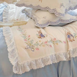 elvesmall  Embroidered Milk Fiber Vintage Rabbit Four-Piece French Girl Heart Embroided Bed Sheet Quilt Cover