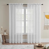 elvesmall  Vertical Striped White Hair Ball Sheer Curtain for Small Window Kitchen Voile Drape Flower Cutting Design