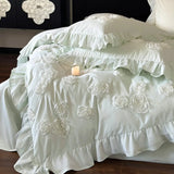 elvesmall  Princess Style 3D Flower Bedding Set 100 Thread Count Autumn and Winter Cotton Duvet Cover Solid White Quilt Covers with Ruffles