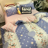 elvesmall  Floral Bedding Set with Flat Sheet Quilt Duvet Cover Pillowcase Bed Linens Boy Girl Single Double Queen Size Home Textile