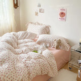 elvesmall Cute Floral Duvet Cover Set Ins Korean Style with Flat Sheet Pillowcase No filler Washed Cotton Queen Full Twin Home Bed Linen