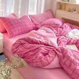 elvesmall Duvet Set Korean Princess Pink Seersucker Bedding Kawaii  Duvet Cover Solid Color Queen Size Double Sheets Sets For Girls