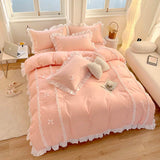 elvesmall Korean Princess Style Bedding Sets Ins Lace Bowknot Duvet Cover Fitted Sheet For Girl Woman Home Bedroom Kawaii Bed Linens
