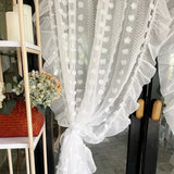 elvesmall  3D White Pompom Embroidery Tulle Modern Striped Sheer Curtains for Living Room Ruffle Design Translucent Voile Window Drapes