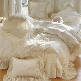 elvesmall Egyptian Cotton Wedding Bedding Set, Romantic French Lace Ruffles, Flowers Embroidery, Duvet Cover, Bed Sheet, Pillowcases