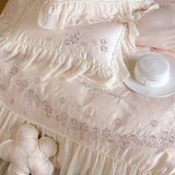 elvesmall  Pink Flowers Embroidery Bedding Sets Luxury Egyptian Cotton Chiffon Lace Duvet Cover Bed Sheet Pillowcases Princess Bedclothes