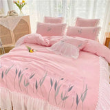 elvesmall Lace Ruffles Bedding Set Luxury Cotton Flower Embroidery Bedclothes Girls Full Size Quilt Cover Sets Queen King Bed Linen Sets