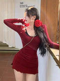 srczz  -  Sweet Hot Girl Sexy Suit Women's Summer Red U-neck Flared Sleeve Dress Lace Camisole Top Two-piece Set Fashion Female Clothes