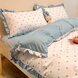 elvesmall Fashion Lattice Bedding Set Bed Sheet Cute Princess AB Double Sided Ruffle Flower Quilt Cover Pillowcase Bedclothes Home Textile