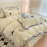 elvesmall  Korean Princess Bedding Set Washed Cotton Bed Cover Girl Heart Pure Color Lace Bow Quilt Coverflat Sheet Decor Home Textiles
