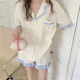 elvesmall  Floral Sleepwear Women Pajama Sets Summer Piiama Korean Pocket Short Sleeve Home Suit 2 Pieces Ruffle Night Wears Pyjamas New