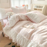 elvesmall Korean Style Princess Bedding Set Luxury Pink Lattice Duvet Cover Ruffles Lace Bedspread Bed Sheet Pillowcases