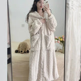 elvesmall  Pocket Robe for Women Sleepwear Winter Nightdress Night Wears Warm Fleece Pajama One Piece Nightgown Hooded Sleeping Homewear