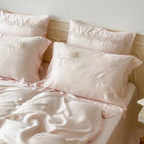 elvesmall -  French Style Flower Embroidered 100% Lyocell Bedding Set Pink High-end Natural Plant Fibres Duvet Cover Set Coolness Quilt Cover