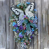 elvesmall  Spring Summer Wreath for Front Door Rose Butterfly Simulation Flower Wreath Window Decoration Artificial Wreath Hanging Decor